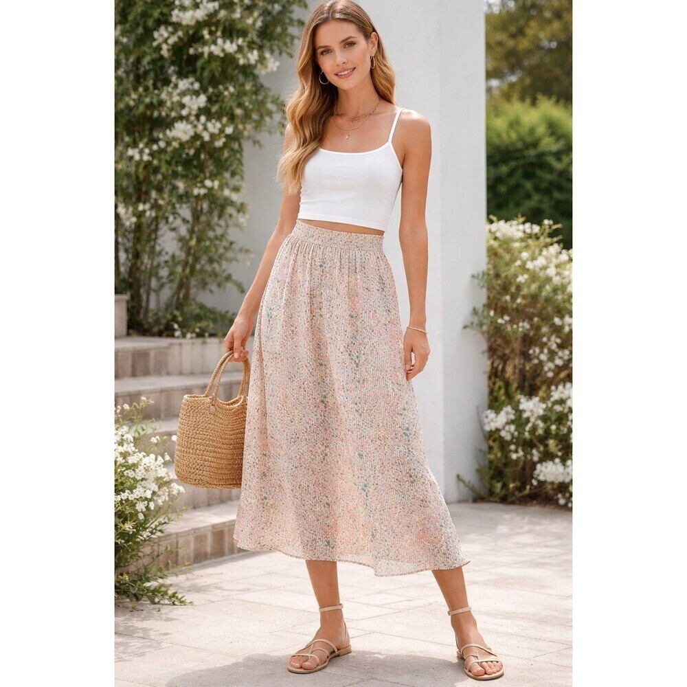 I Love Ronson Floral Print Midi Skirt Cream Pink Green Elastic Waist Size M
